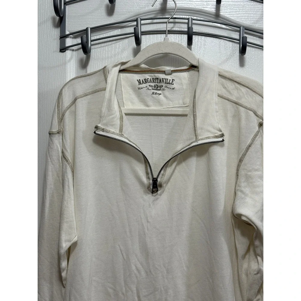 Margaritaville Mens XL Quarter Zip Pullover Off White Cotton Contrast Stitching